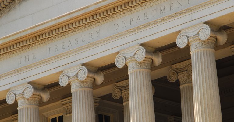 Exterior photo of the entrance to the United States Treasury Department 