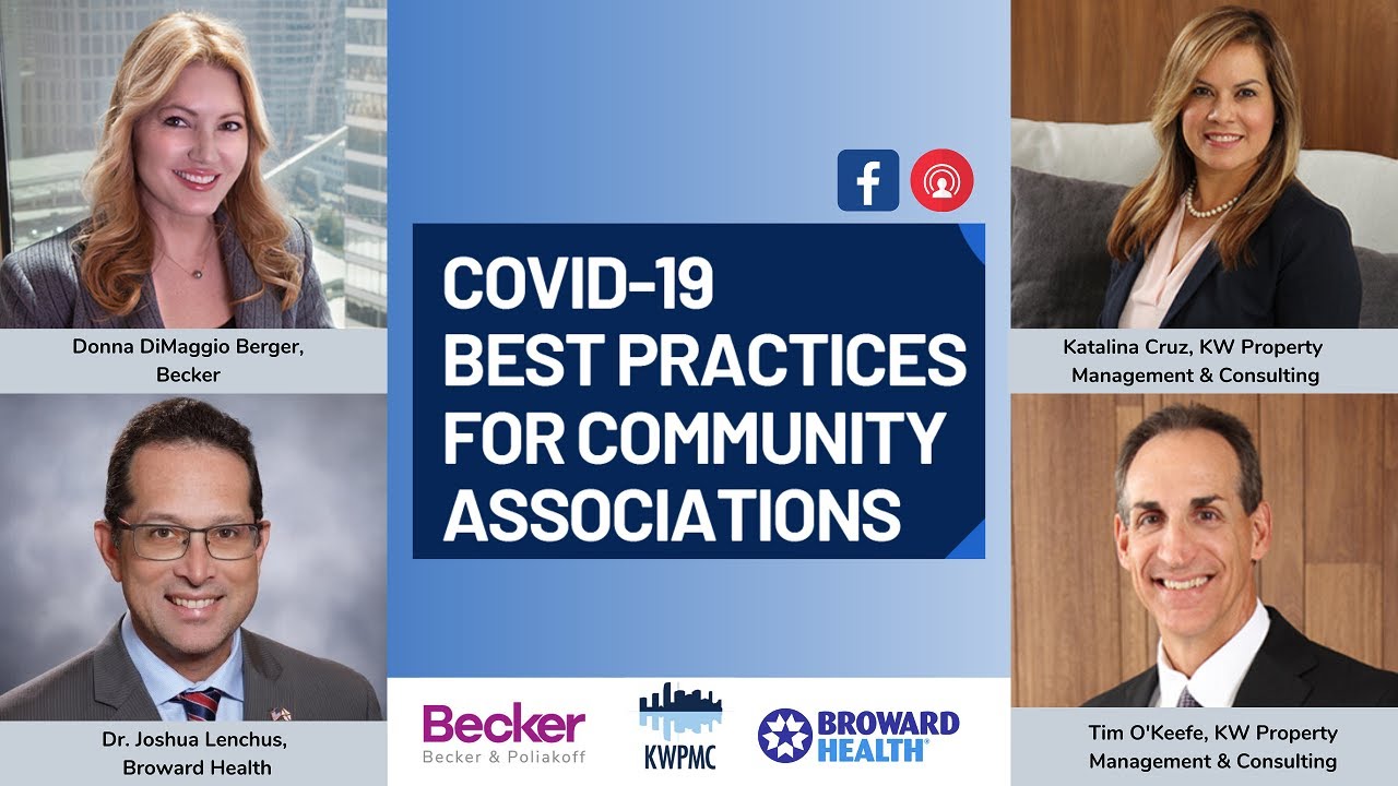 Photo of the four speakers in the KWPMC Webinarm with text overlay saying COVID-19 Best Practices for Community Associations