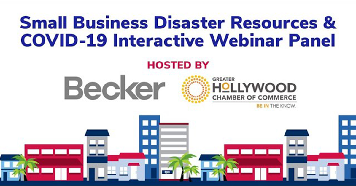 drawing of Houses and palm trees with text overlay saying Small Business Disaster Resources & COVID-19 Interactive Webinar