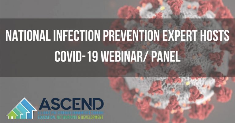 3D render of COVID-19 with text overlay saying, National Infection Prevention Expert Hosts COVID-19 Webinar Panel