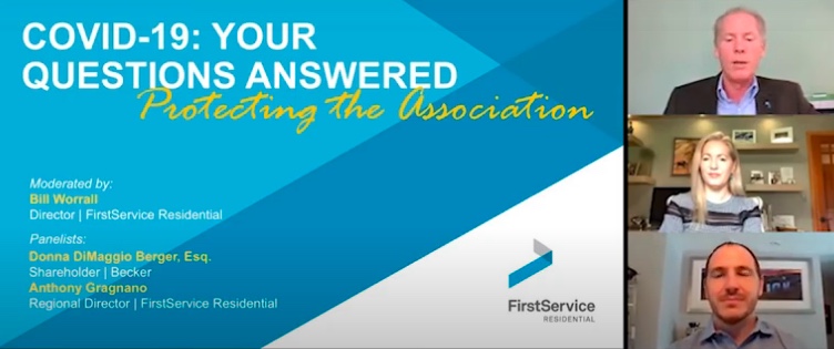 Screenshot of the FSR webinar. With text overlayed saying, COVID-19: Your Questions Answered. Protecting the Association