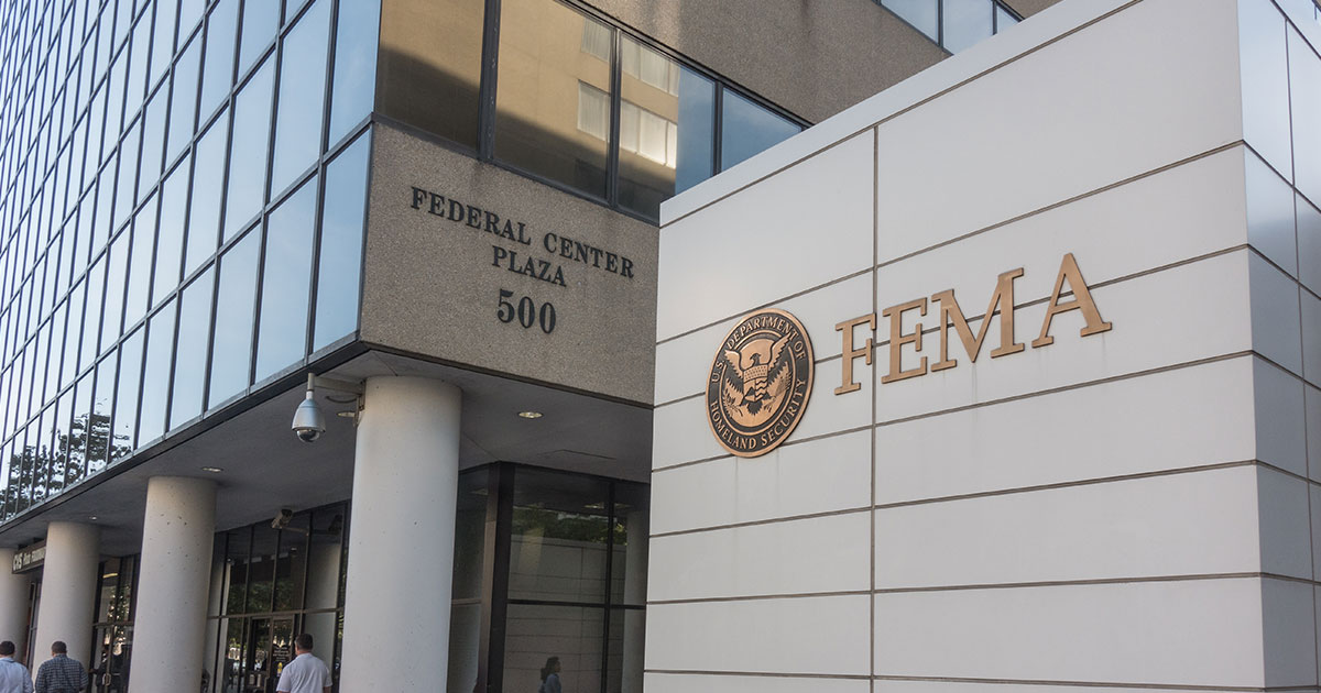 FEMA Logo on the exterior wall of the Federal Center Plaza 