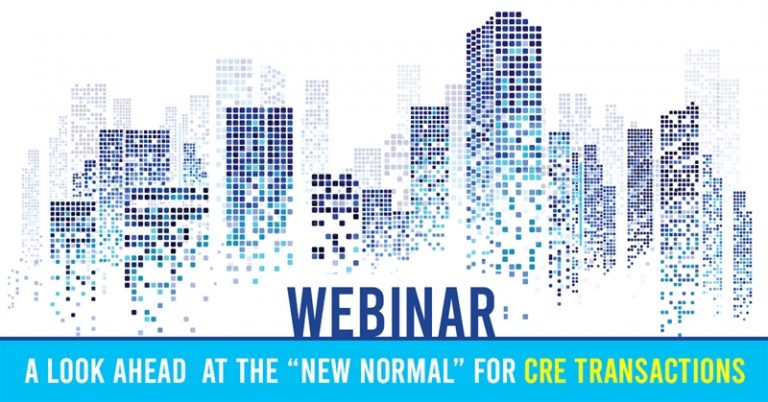 Digital Drawing using dots of skyscrappers. With text overlay saying. Webinar A look ahead at the New Normal for CRE Transactions