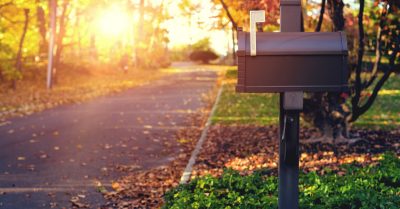Photo of Mailbox near a road in front of foliage in the Fall.