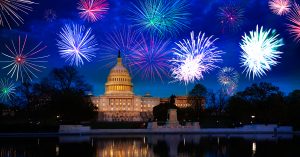 Fireworkd exploding over Washington, D.C. at night