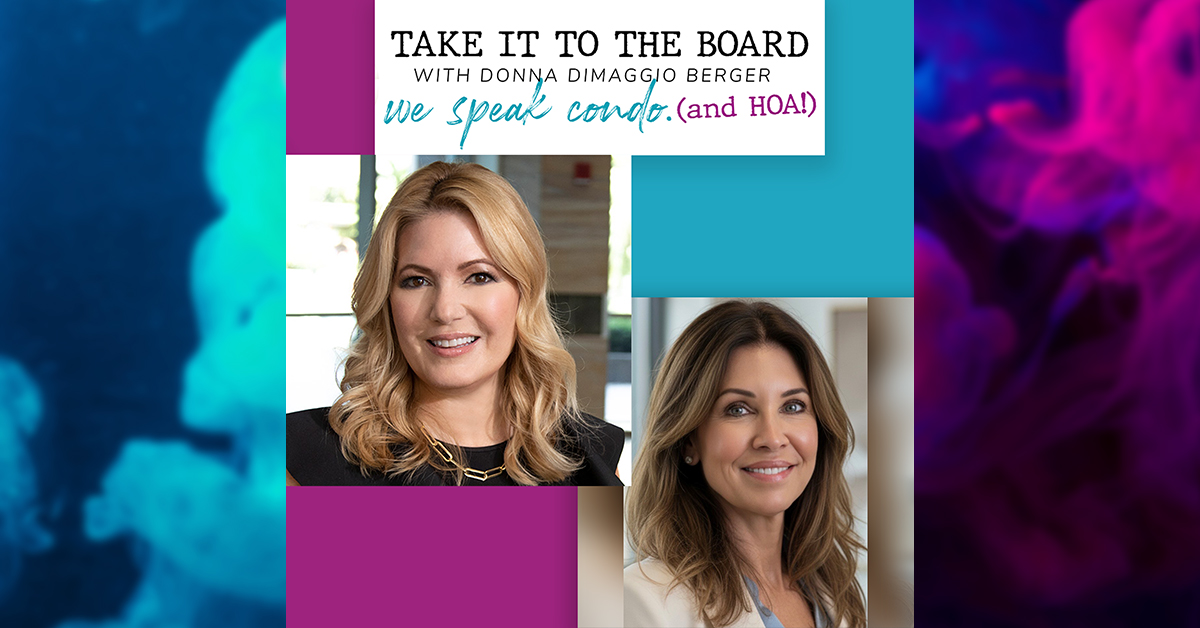 Brand banner for 'Take It To The Board' featuring Donna Dimaggio Berger; collage of two smiling woman portraits on teal and magenta blocks with the subtitle 'we speak condo. (and HOA!)'