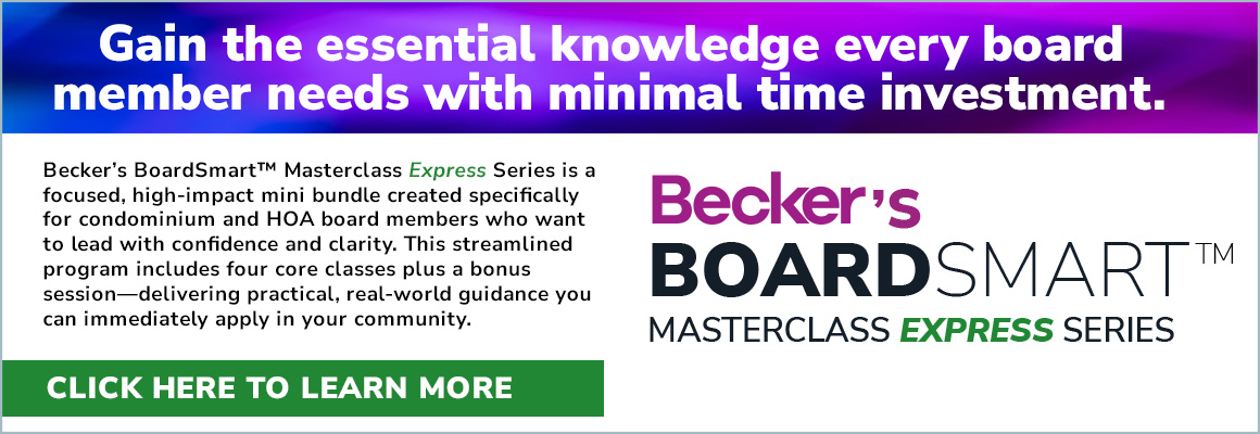 Becker's BoardSmart Express banner: bold headline with description, Becker's BoardSmart logo on the right, and a green 'CLICK HERE TO LEARN MORE' button.